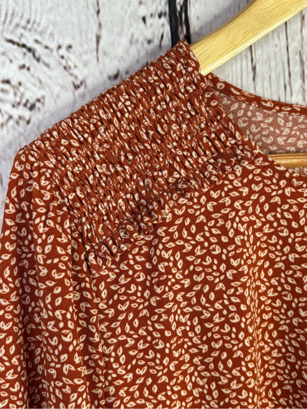 Adrianna Papell Women’s XL Rust Orange Blouse Leaf Print 3/4 Sleeves Shirred Top - Picture 2 of 14
